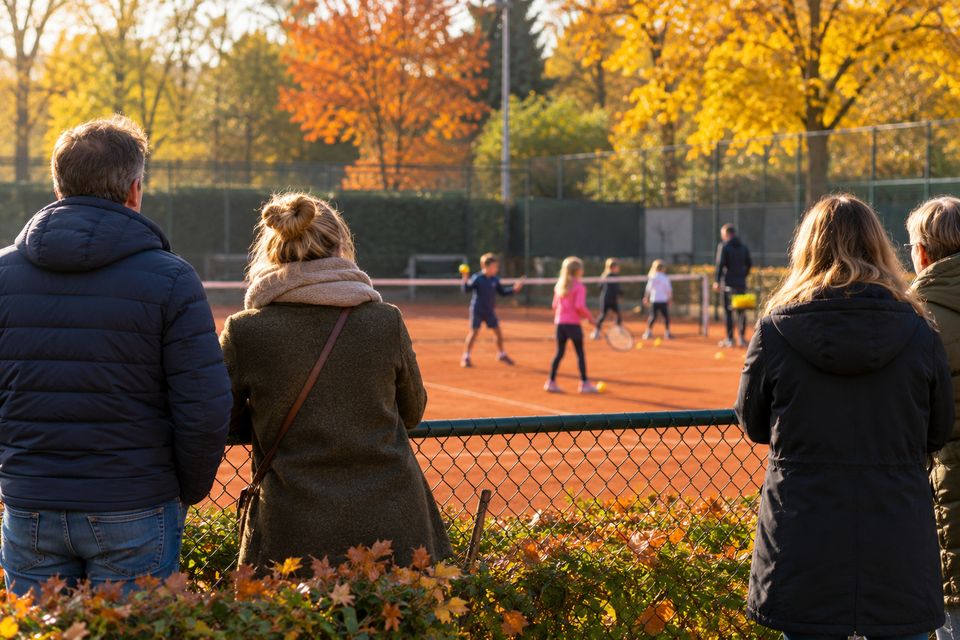Ouders kijken vanachter het hek naar een tennisles voor kinderen op een gravelbaan in de herfst