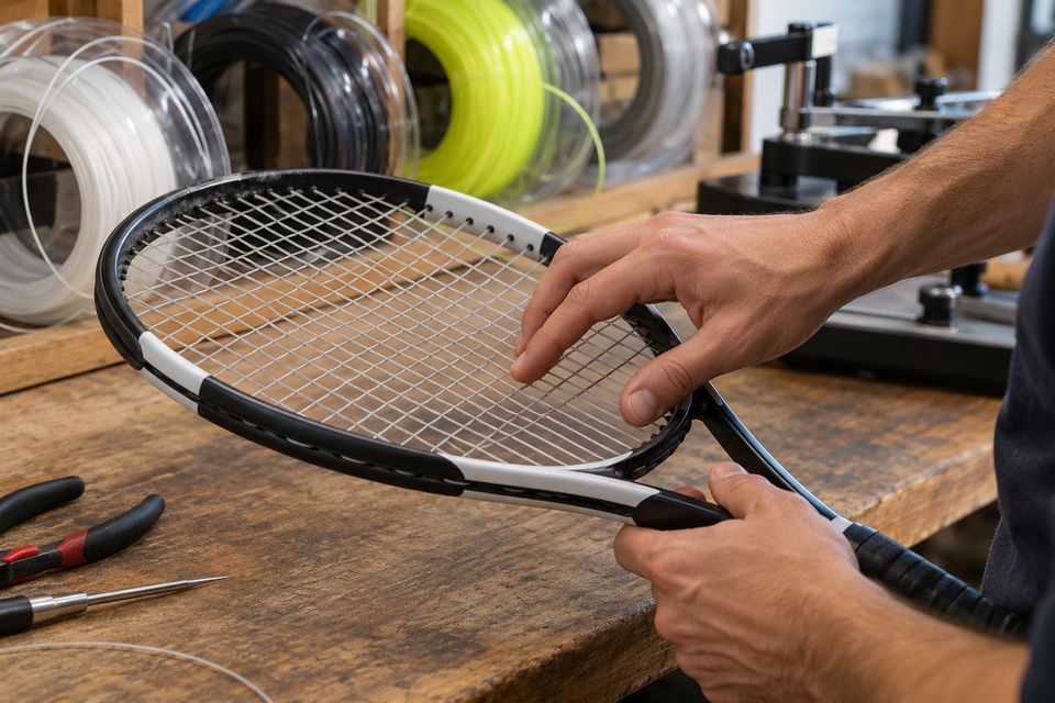 Handen die de snaren van een tennisracket controleren op een houten werkbank
