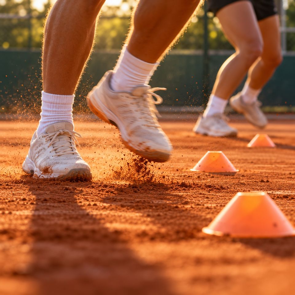 Voeten van tennisspelers tussen oranje pionnen tijdens de warming-up op gravel Voeten van tennisspelers tussen oranje pionnen tijdens de warming-up op gravel