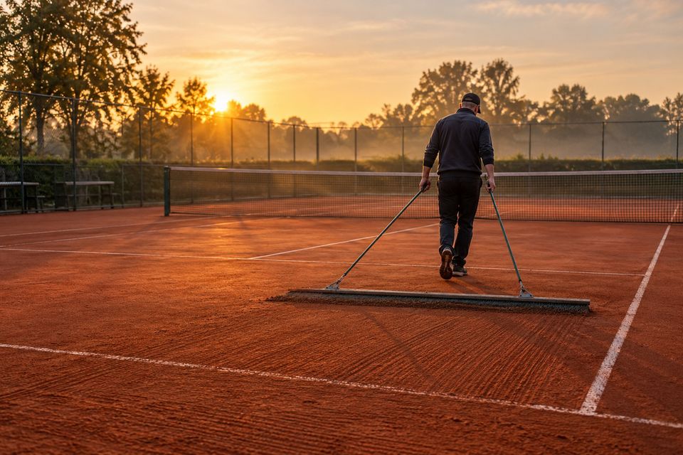 Iemand trekt bij zonsopgang een sleepnet over een gravelbaan om hem te egaliseren