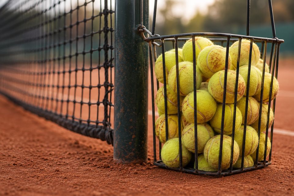 Draadmand vol gebruikte tennisballen naast een netpaal op gravel