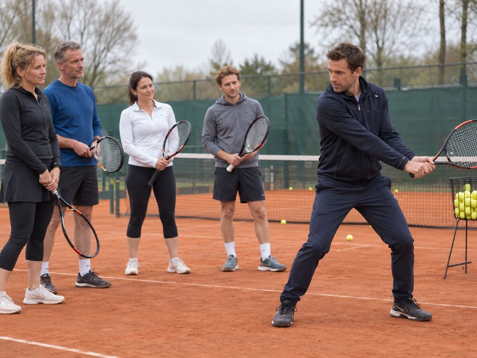 Trainer doet een backhand voor aan een groep van vier volwassen spelers op een gravelbaan Trainer doet een backhand voor aan een groep van vier volwassen spelers op een gravelbaan