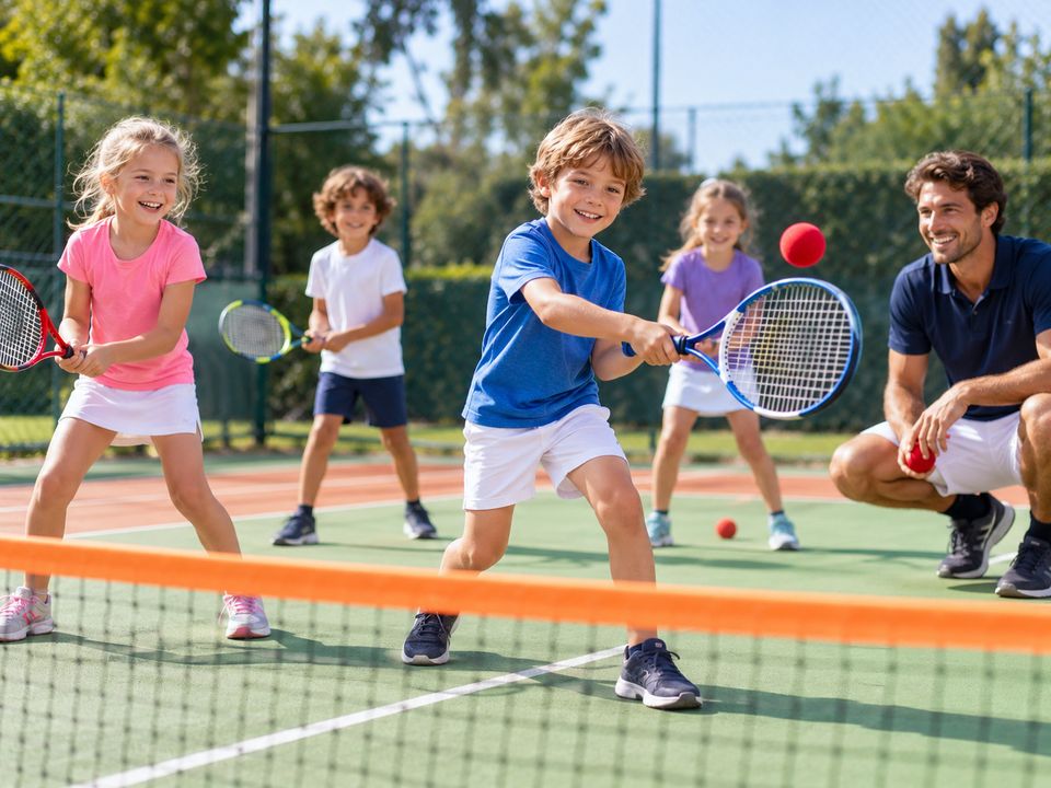 Kinderen spelen minitennis met rode schuimballen terwijl een trainer naast ze knielt Kinderen spelen minitennis met rode schuimballen terwijl een trainer naast ze knielt