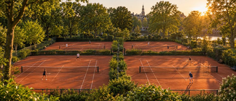 Vier gravelbanen tussen de bomen van een park in Amsterdam bij avondzon Vier gravelbanen tussen de bomen van een park in Amsterdam bij avondzon